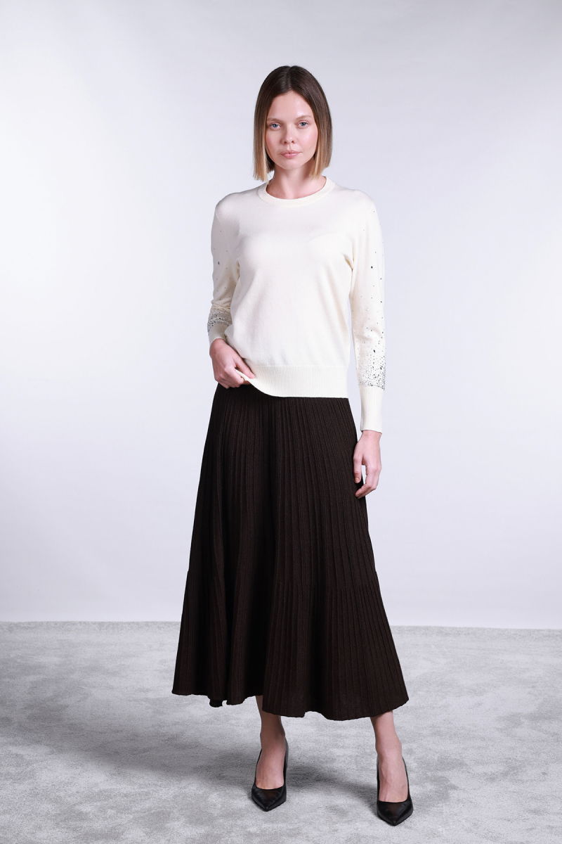 Sempre Kadın Kolları Taş Detaylı Bisiklet Yaka Kazak 2704 Fildişi - 2