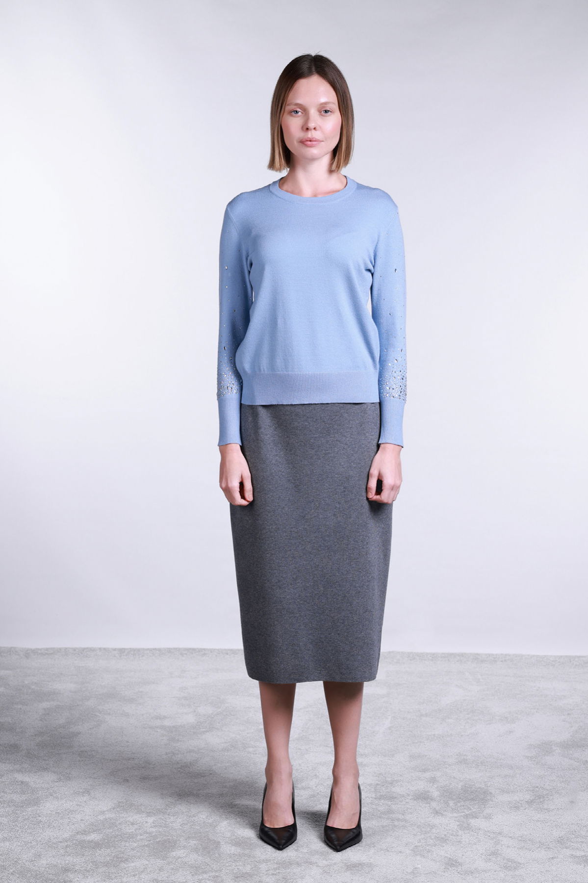 Sempre Kadın Kolları Taş Detaylı Bisiklet Yaka Kazak 2704 Mavi - 2