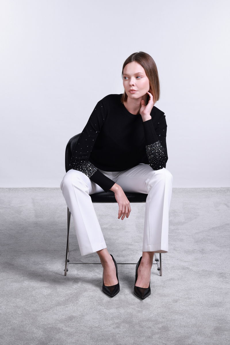 Sempre Kadın Kolları Taş Detaylı Bisiklet Yaka Kazak 2704 Siyah 