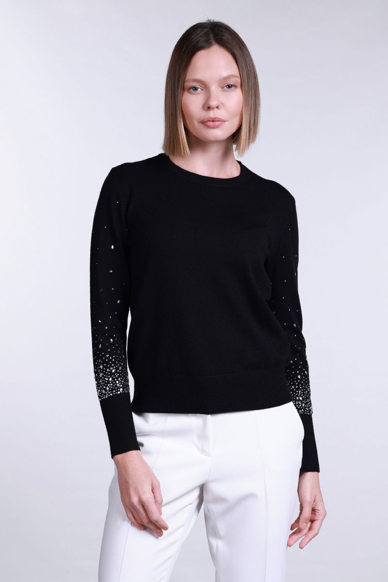 Sempre Kadın Kolları Taş Detaylı Bisiklet Yaka Kazak 2704 Siyah - 2