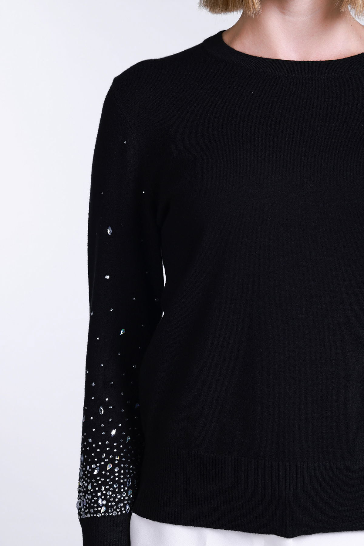 Sempre Kadın Kolları Taş Detaylı Bisiklet Yaka Kazak 2704 Siyah - 3