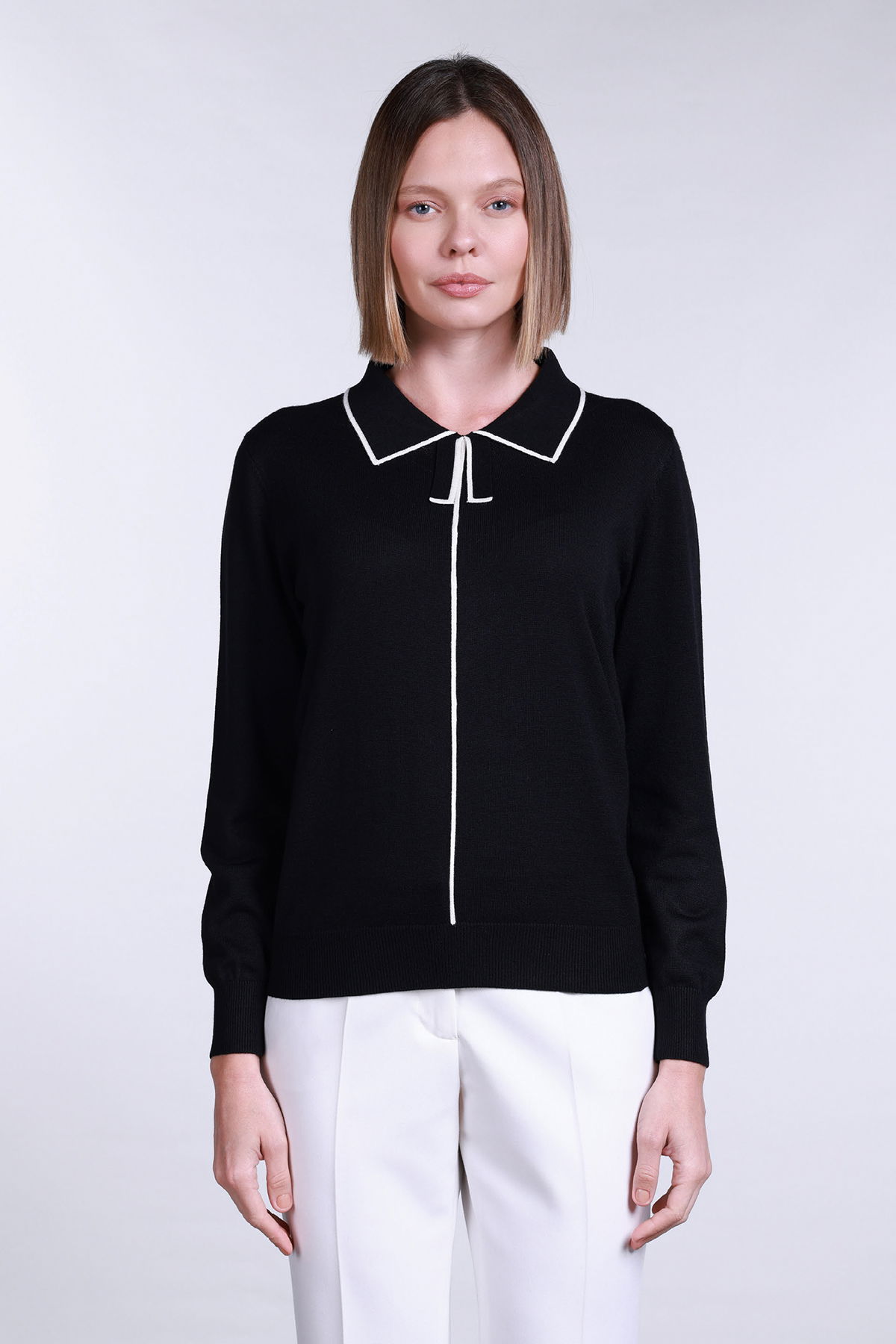 Sempre Kadın Polo Yaka Uzun Kollu Yün Kazak 2734 Siyah-Fildişi - 1