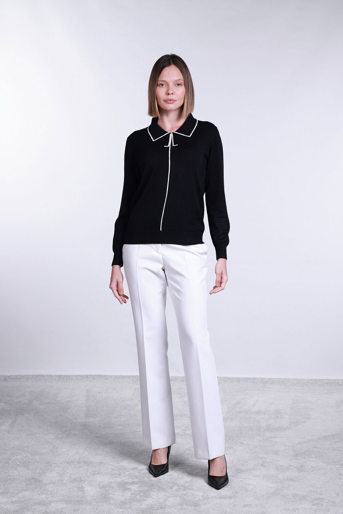 Sempre Kadın Polo Yaka Uzun Kollu Yün Kazak 2734 Siyah-Fildişi - 2