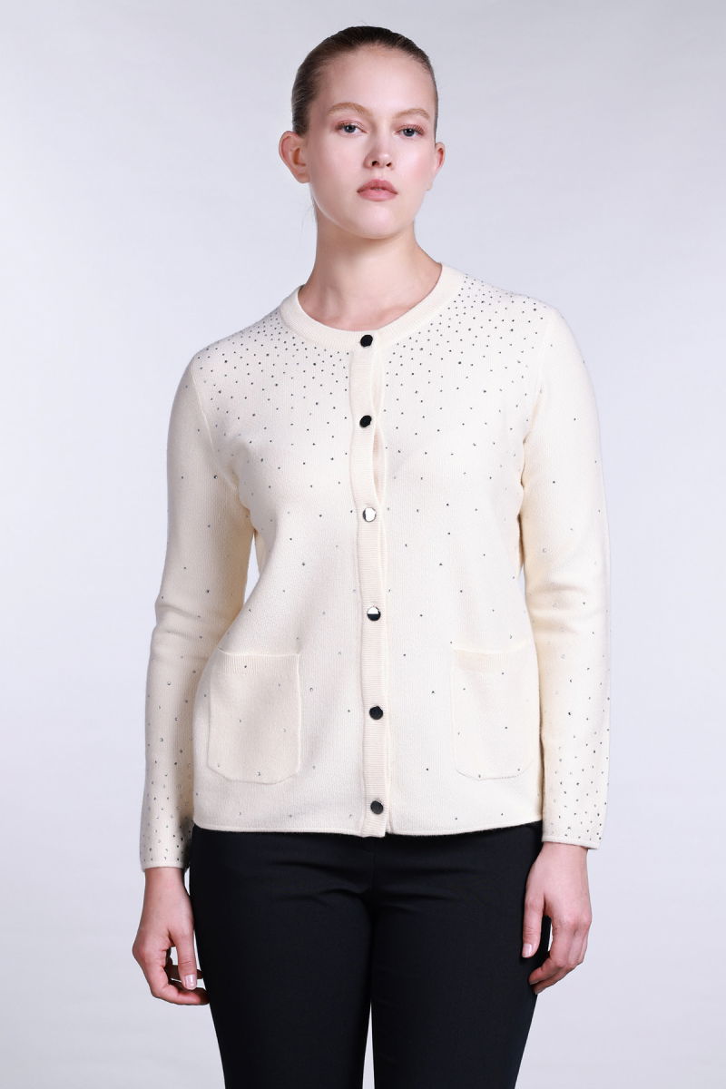 Sempre Kadın Taş Süslemeli Torba Cepli Hırka 2700 Fildişi - 2