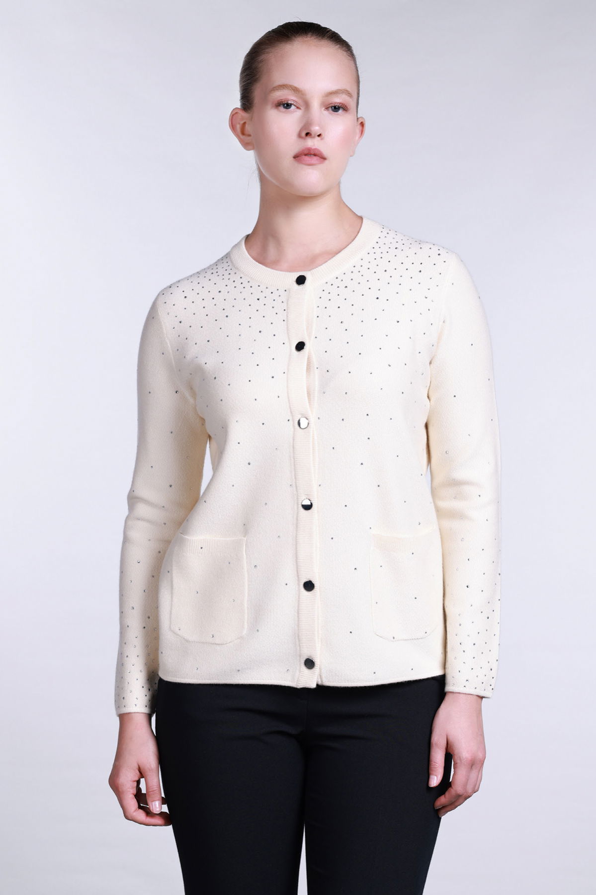 Sempre Kadın Taş Süslemeli Torba Cepli Hırka 2700 Fildişi - 2