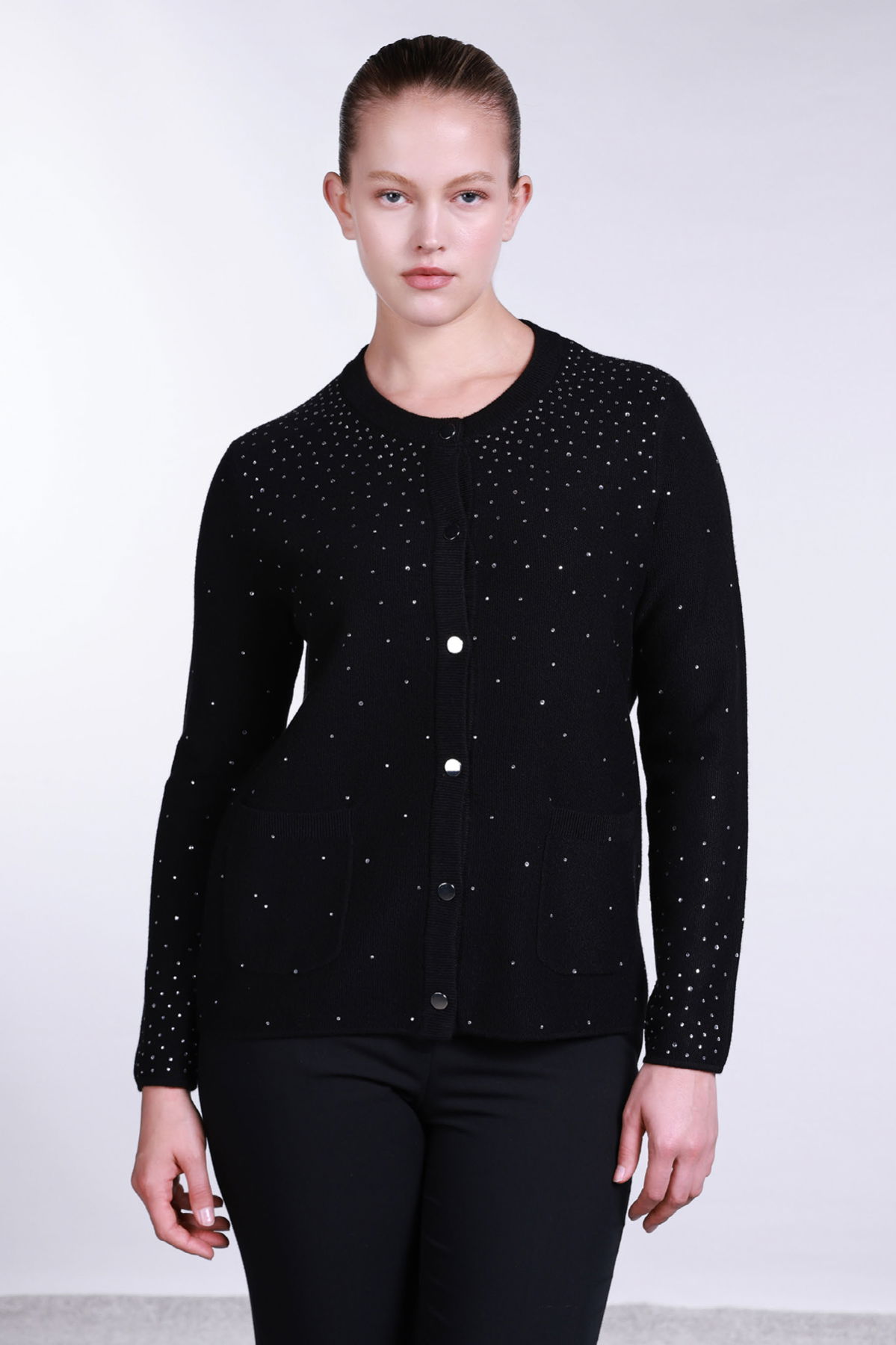 Sempre Kadın Taş Süslemeli Torba Cepli Hırka 2700 Siyah - 1