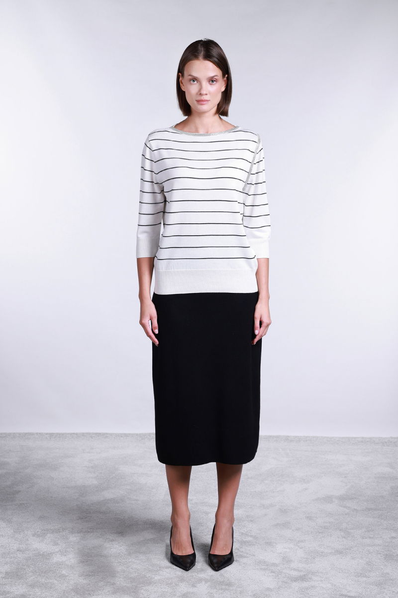 Sempre Kadın Truvakar Kol Taş Detaylı Yün Kazak 2747 Fildişi-Siyah - 2