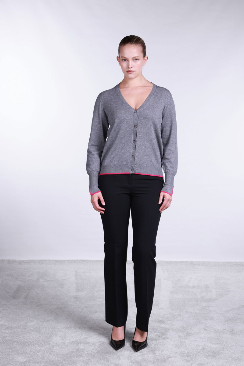 Sempre Kadın V Yaka Kolları Yırtmaçlı Hırka 2708 Gri-Fuşya - 2