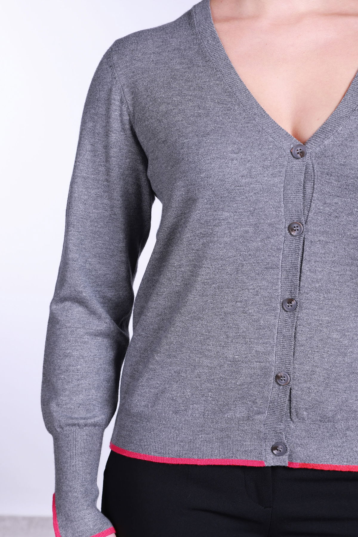 Sempre Kadın V Yaka Kolları Yırtmaçlı Hırka 2708 Gri-Fuşya - 3