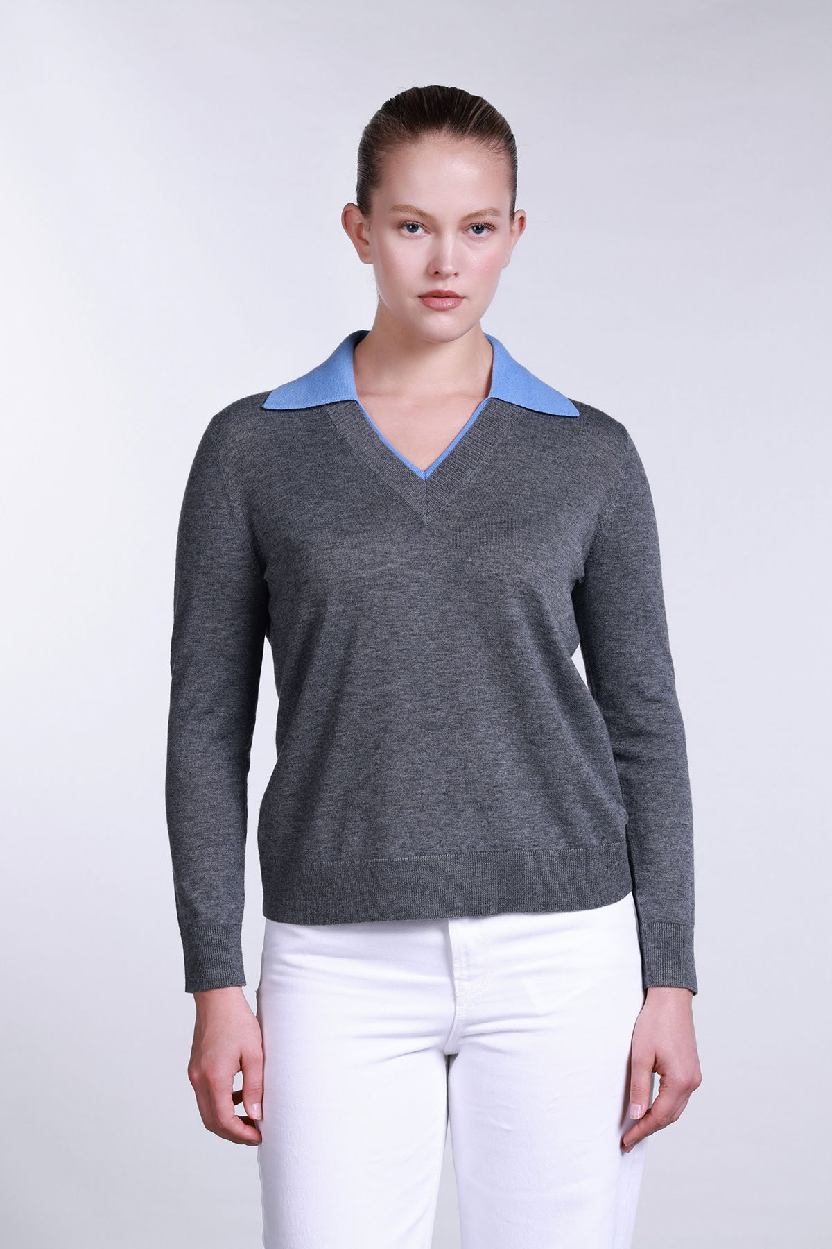 Sempre Kadın V Yaka Uzun Kollu Yün Kazak 2755 Gri-Mavi - 1