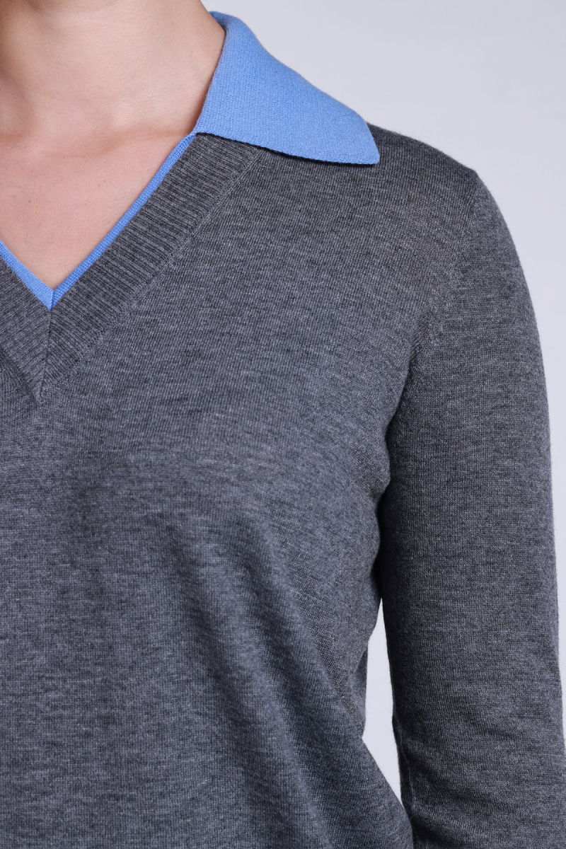 Sempre Kadın V Yaka Uzun Kollu Yün Kazak 2755 Gri-Mavi - 2