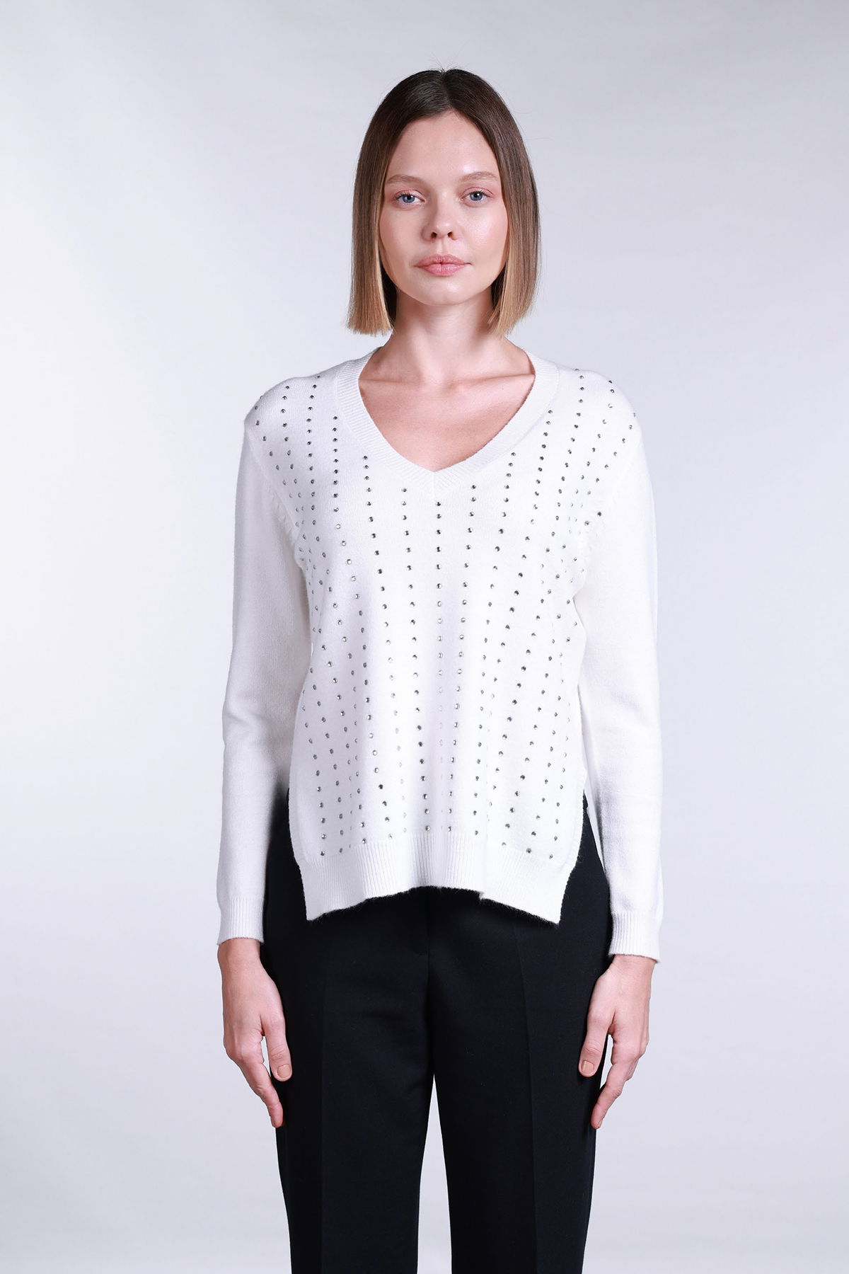 Sempre Kadın V Yaka Yandan Yırtmaçlı Taş Detaylı Kazak 2754 Fildişi - 1