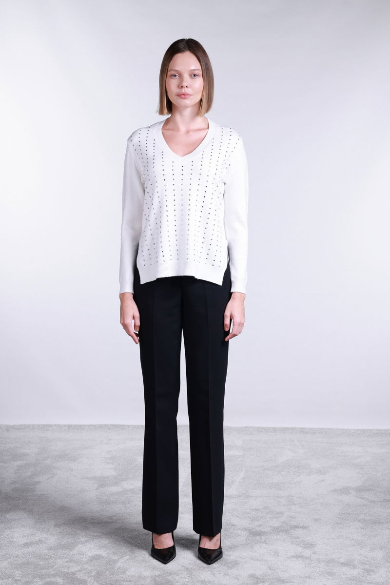 Sempre Kadın V Yaka Yandan Yırtmaçlı Taş Detaylı Kazak 2754 Fildişi - 2