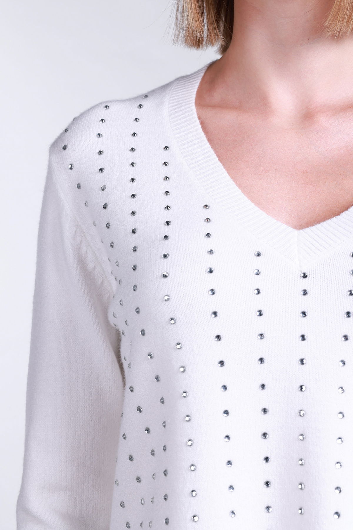 Sempre Kadın V Yaka Yandan Yırtmaçlı Taş Detaylı Kazak 2754 Fildişi - 3