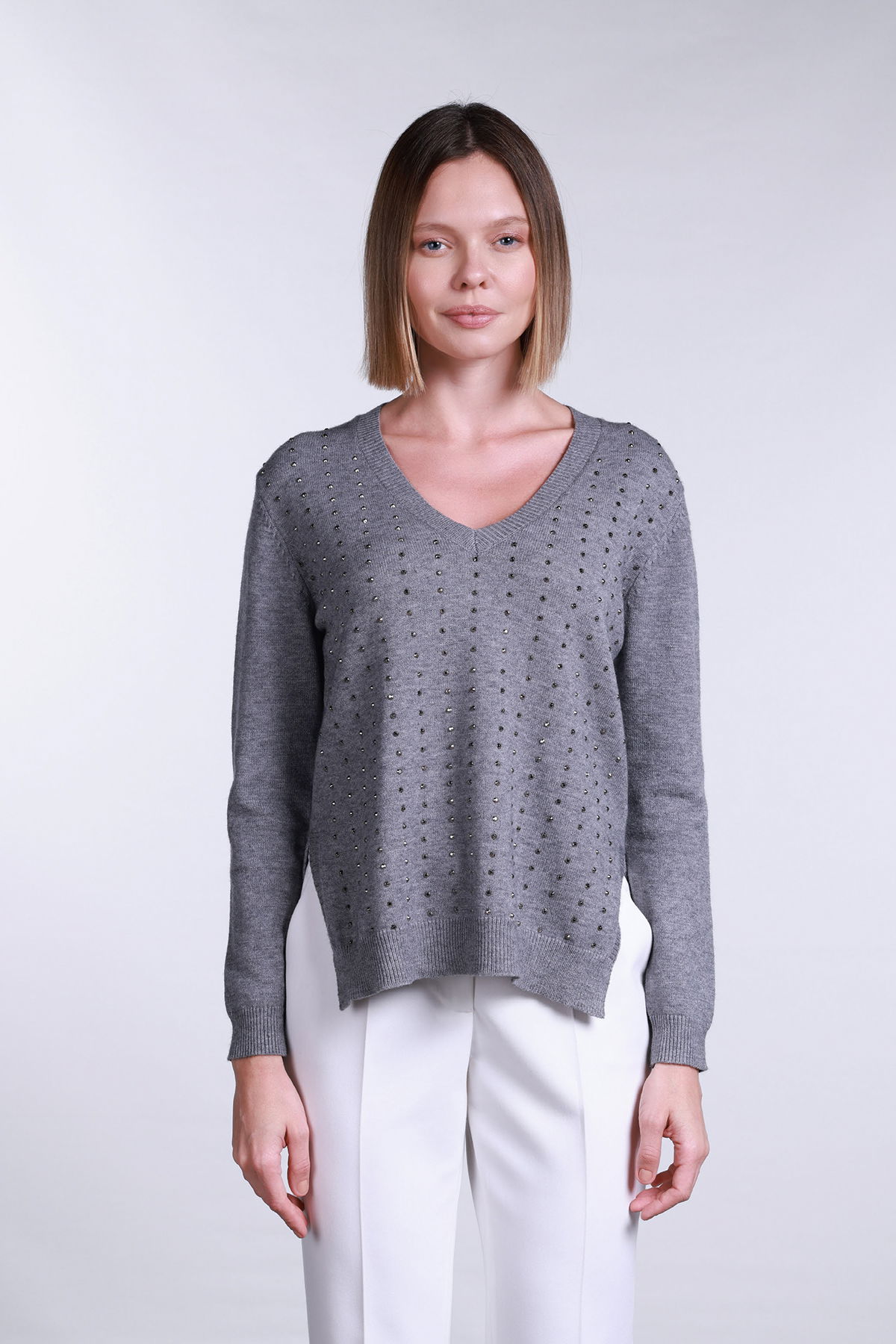 Sempre Kadın V Yaka Yandan Yırtmaçlı Taş Detaylı Kazak 2754 Gri - 1