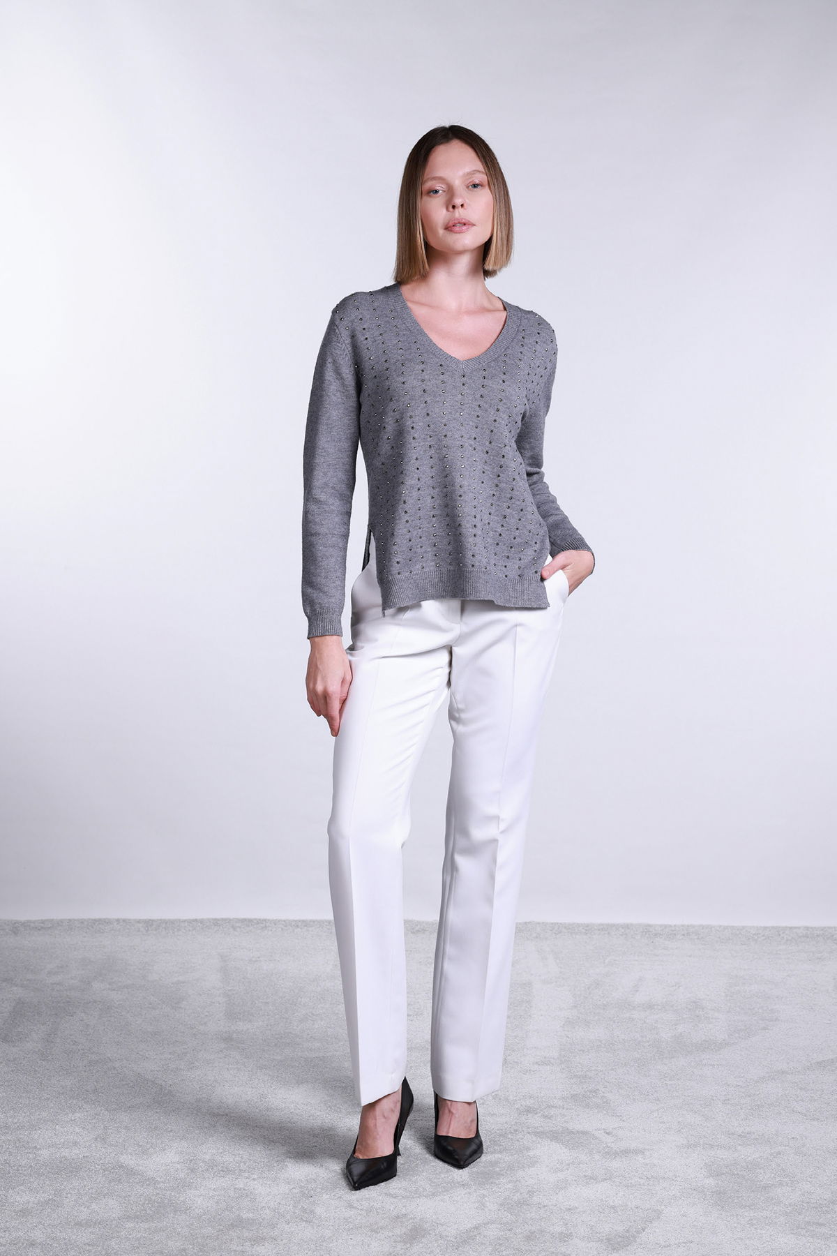 Sempre Kadın V Yaka Yandan Yırtmaçlı Taş Detaylı Kazak 2754 Gri - 2