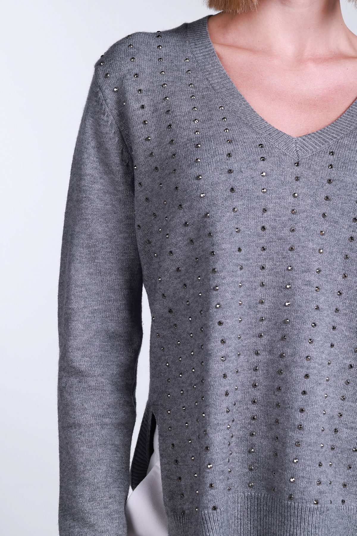 Sempre Kadın V Yaka Yandan Yırtmaçlı Taş Detaylı Kazak 2754 Gri - 3