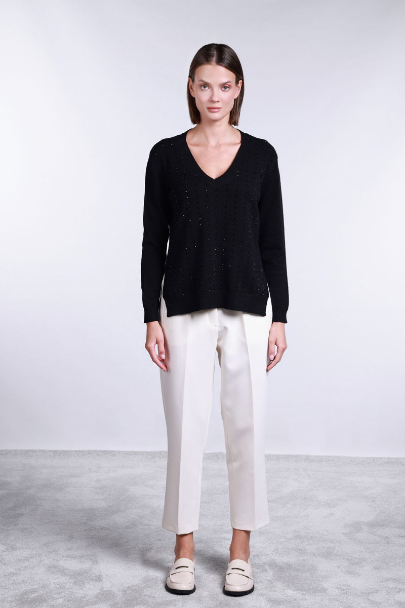 Sempre Kadın V Yaka Yandan Yırtmaçlı Taş Detaylı Kazak 2754 Siyah - 2