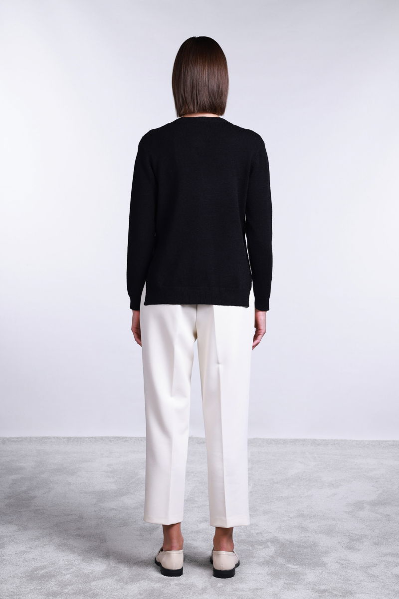 Sempre Kadın V Yaka Yandan Yırtmaçlı Taş Detaylı Kazak 2754 Siyah - 3