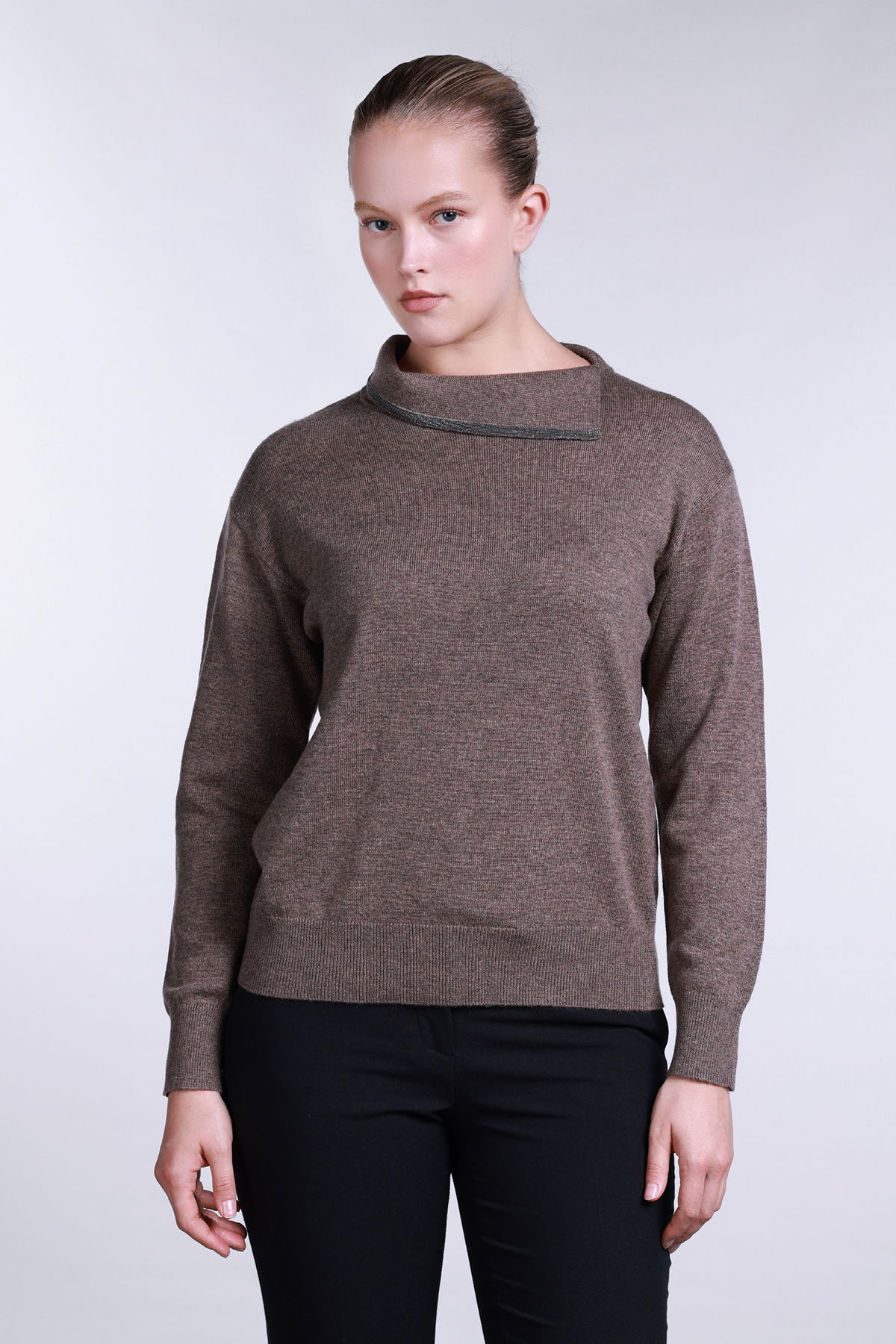 Sempre Kadın Yaka Detaylı Uzun Kollu Yün Kazak 2781 Kahverengi - 1