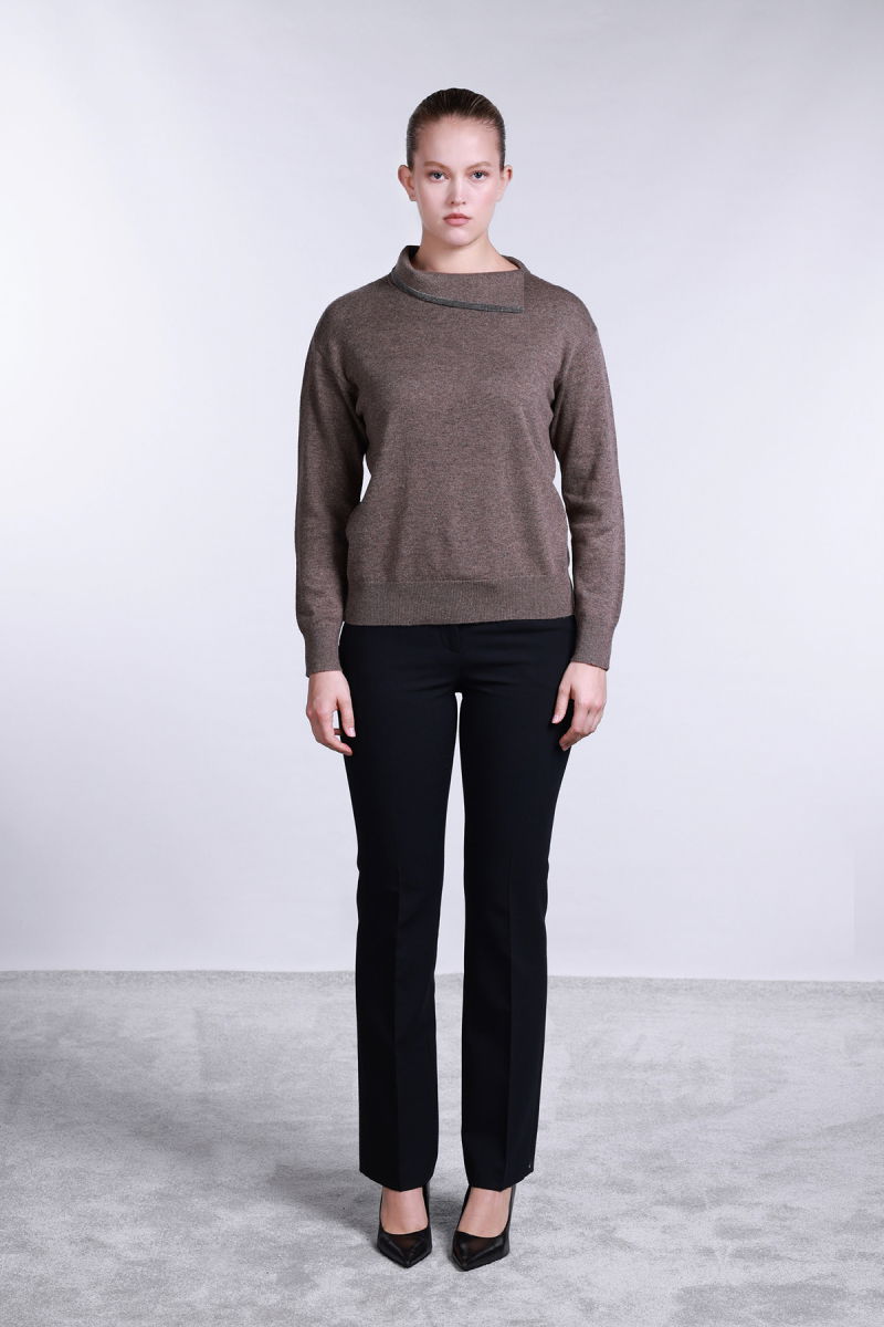 Sempre Kadın Yaka Detaylı Uzun Kollu Yün Kazak 2781 Kahverengi - 2