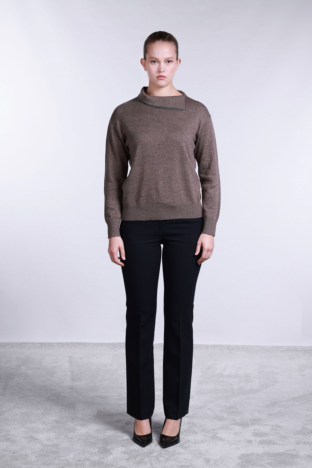 Sempre Kadın Yaka Detaylı Uzun Kollu Yün Kazak 2781 Kahverengi - 2