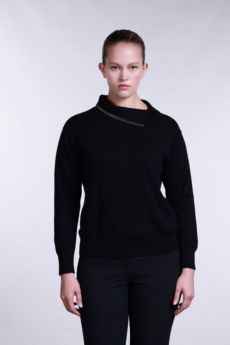Sempre Kadın Yaka Detaylı Uzun Kollu Yün Kazak 2781 Siyah - 2