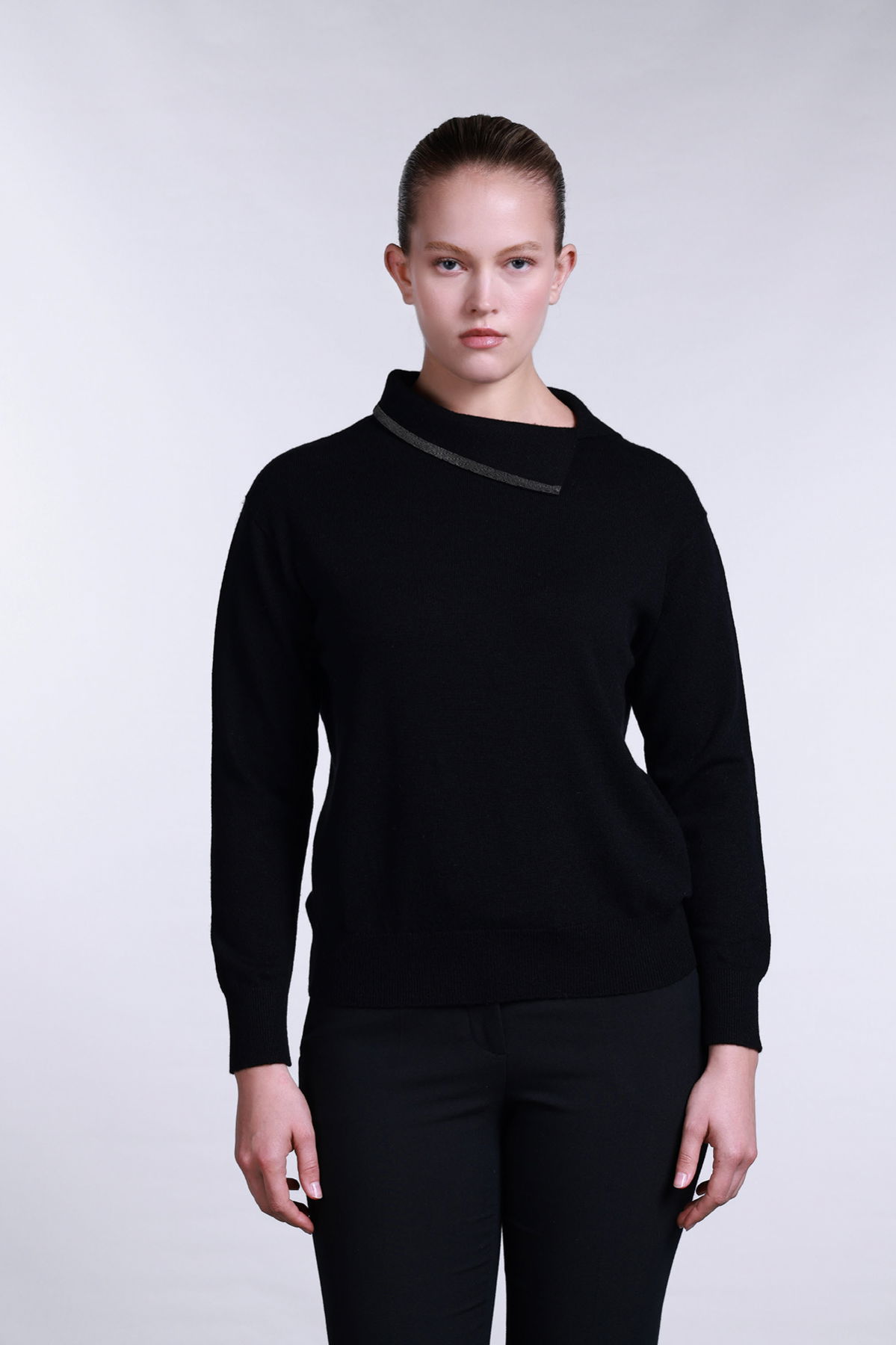 Sempre Kadın Yaka Detaylı Uzun Kollu Yün Kazak 2781 Siyah - 2