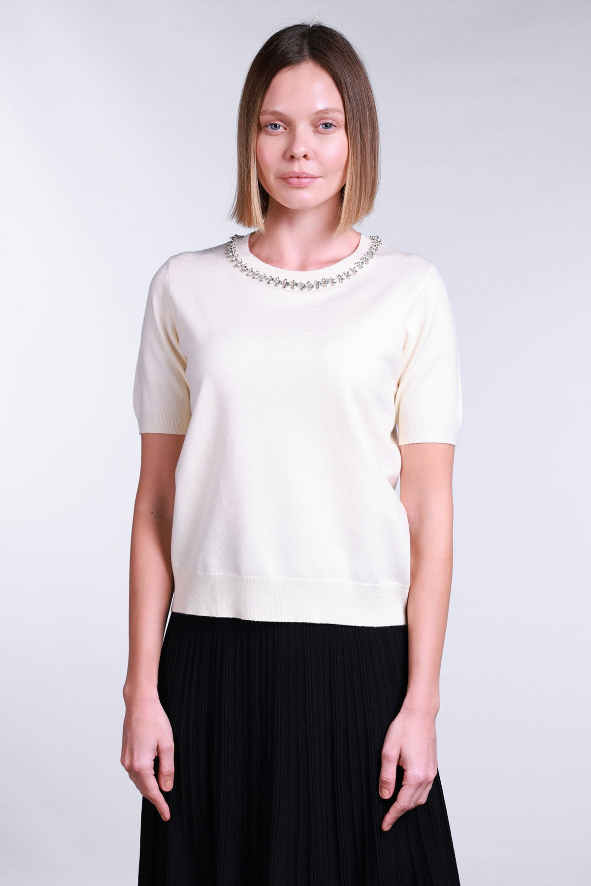 Sempre Kadın Yakası Taş Detaylı Kısa Kollu Kazak 2702 Krem - 1