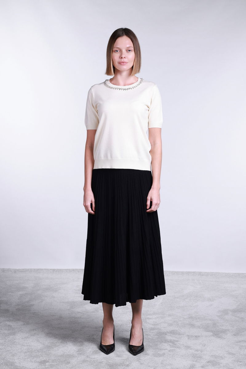 Sempre Kadın Yakası Taş Detaylı Kısa Kollu Kazak 2702 Krem - 2