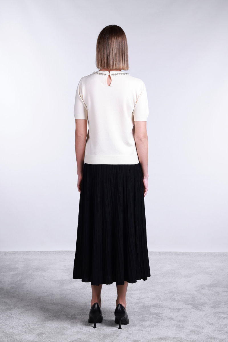 Sempre Kadın Yakası Taş Detaylı Kısa Kollu Kazak 2702 Krem - 4