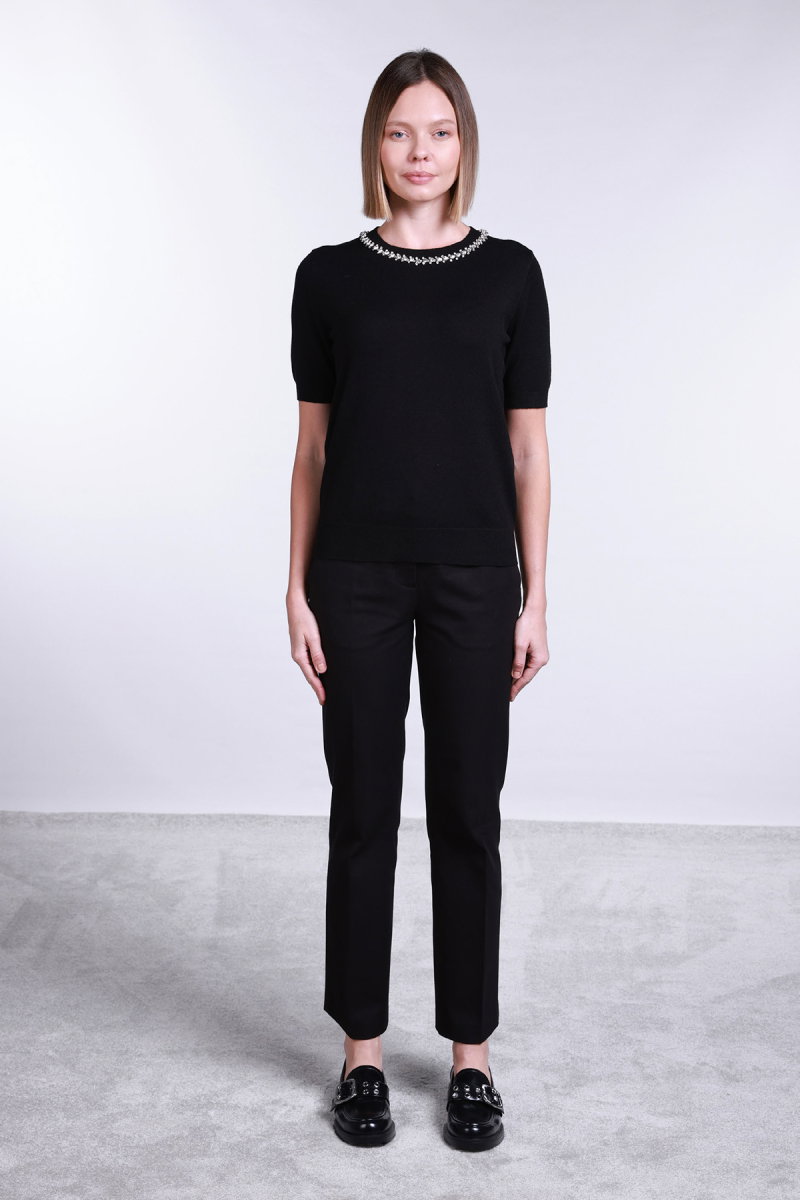 Sempre Kadın Yakası Taş Detaylı Kısa Kollu Kazak 2702 Siyah - 2