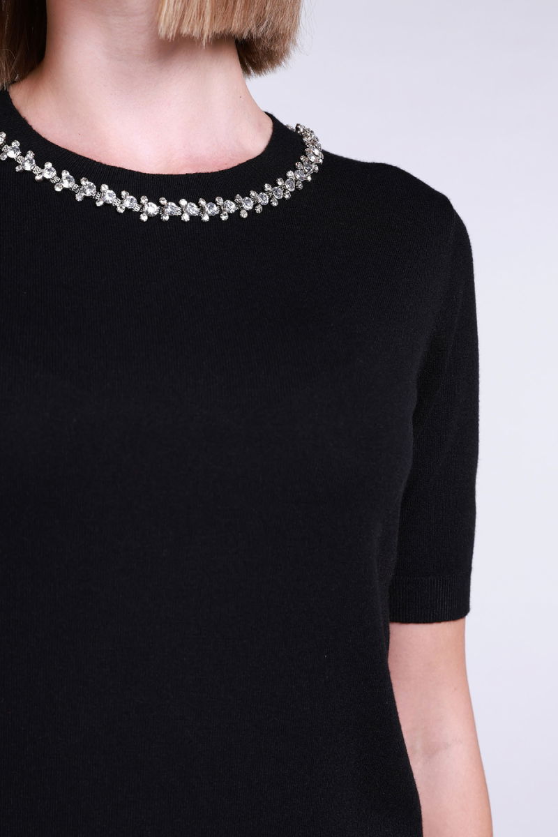 Sempre Kadın Yakası Taş Detaylı Kısa Kollu Kazak 2702 Siyah - 3