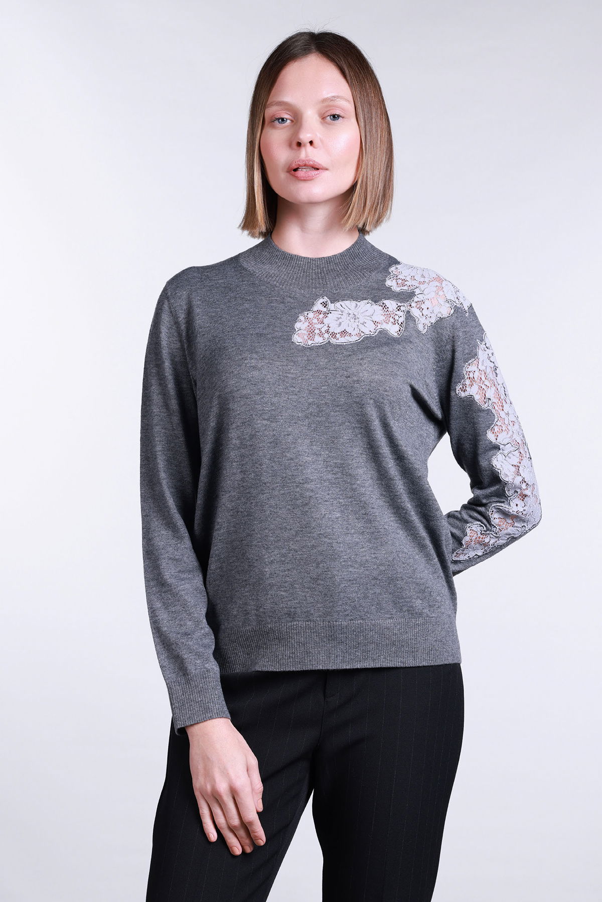 Sempre Kadın Yarım Balıkçı Dantel Detaylı Yün Kazak 2721 Gri - 1