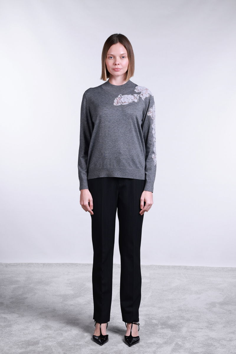 Sempre Kadın Yarım Balıkçı Dantel Detaylı Yün Kazak 2721 Gri - 2