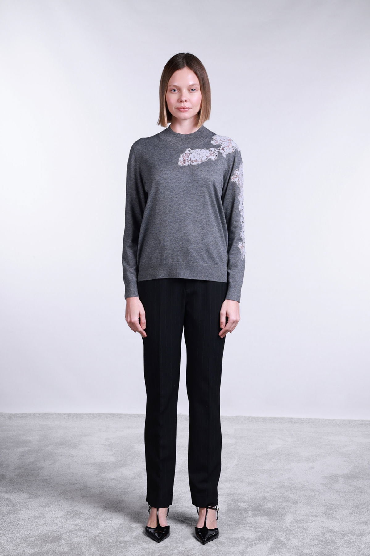 Sempre Kadın Yarım Balıkçı Dantel Detaylı Yün Kazak 2721 Gri - 2