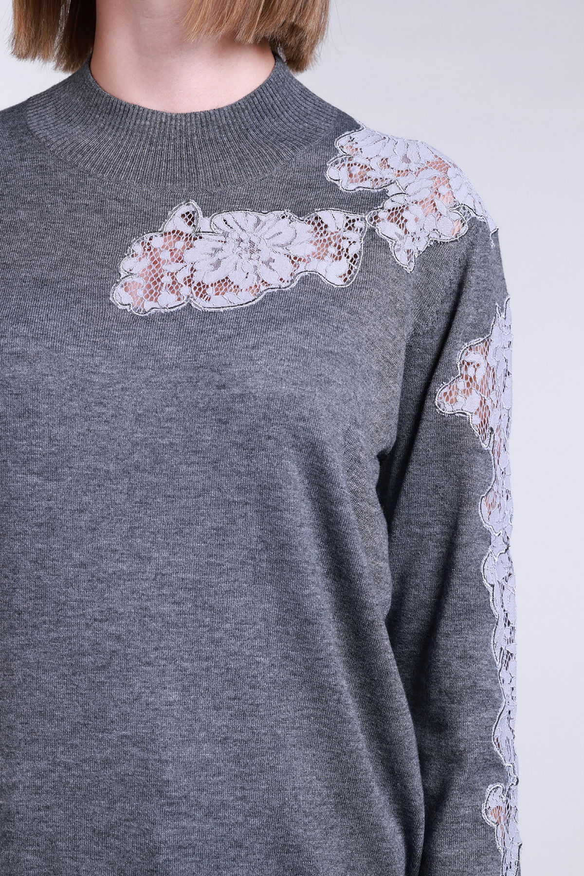 Sempre Kadın Yarım Balıkçı Dantel Detaylı Yün Kazak 2721 Gri - 3