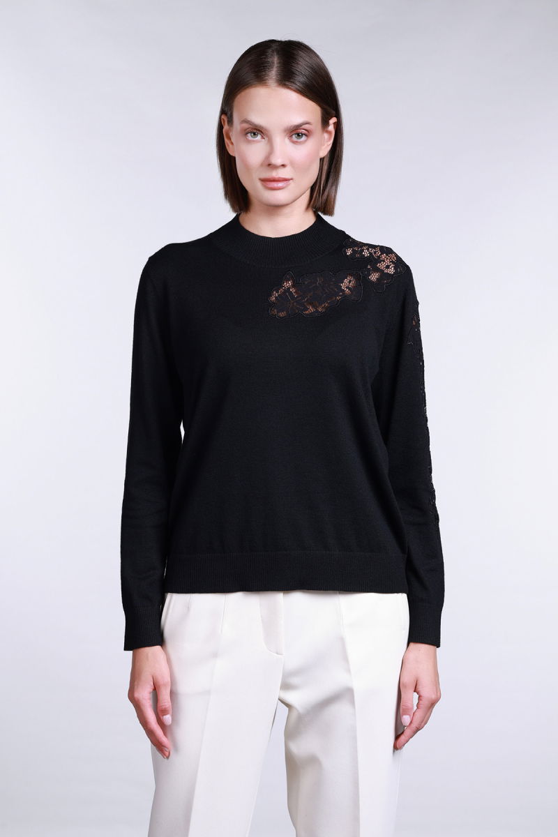 Sempre Kadın Yarım Balıkçı Dantel Detaylı Yün Kazak 2721 Siyah - Sempre