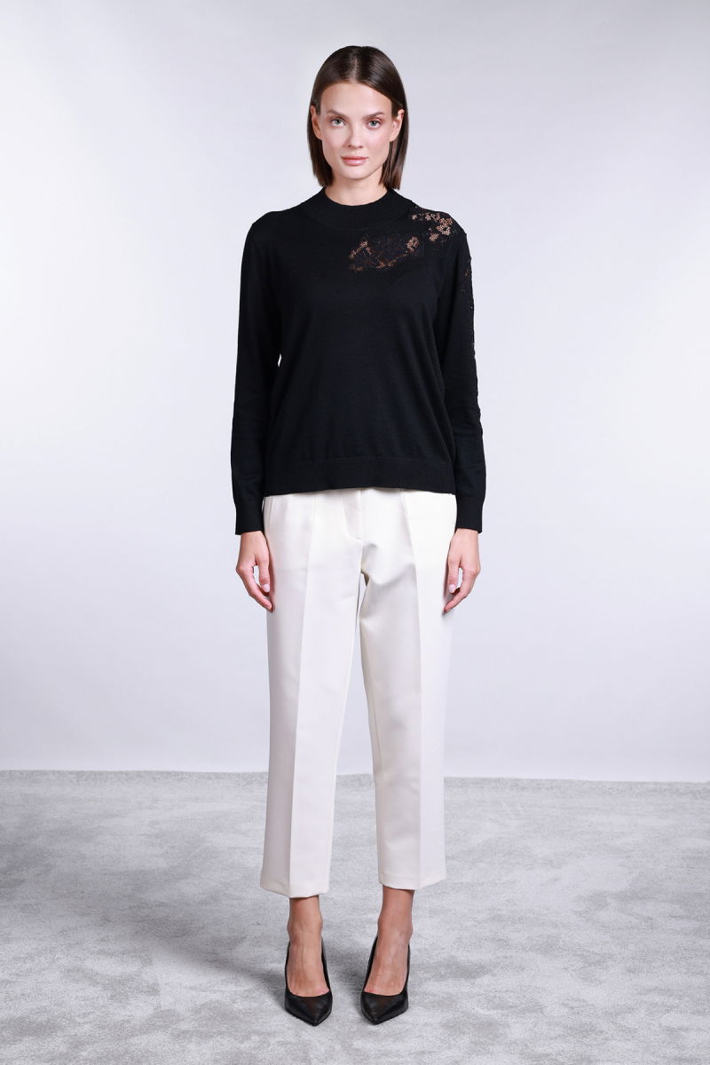 Sempre Kadın Yarım Balıkçı Dantel Detaylı Yün Kazak 2721 Siyah - 2