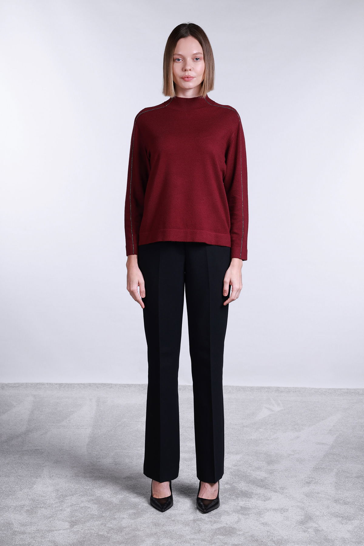 Sempre Kadın Yarım Balıkçı Şerit Taş Detaylı Kazak 2772 Bordo - 2