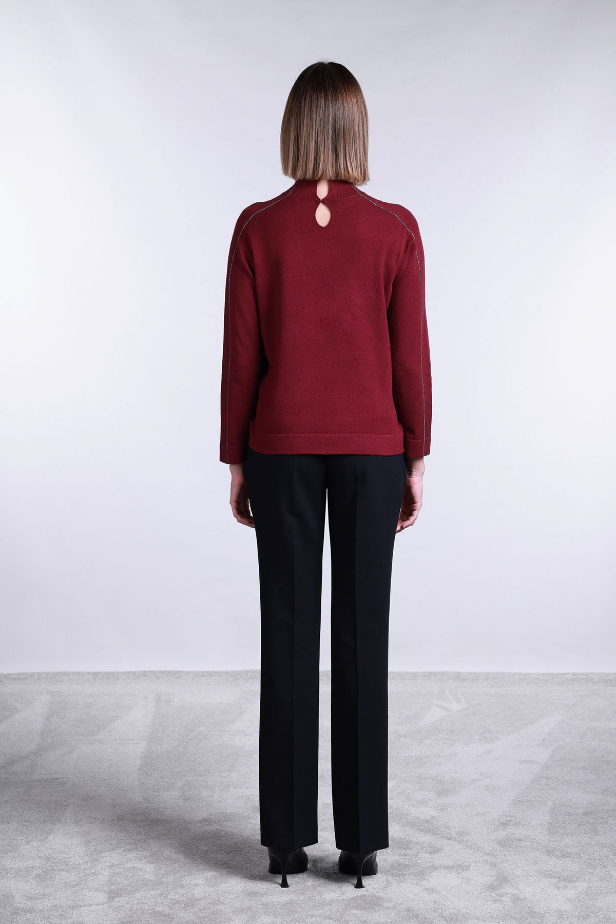 Sempre Kadın Yarım Balıkçı Şerit Taş Detaylı Kazak 2772 Bordo - 4