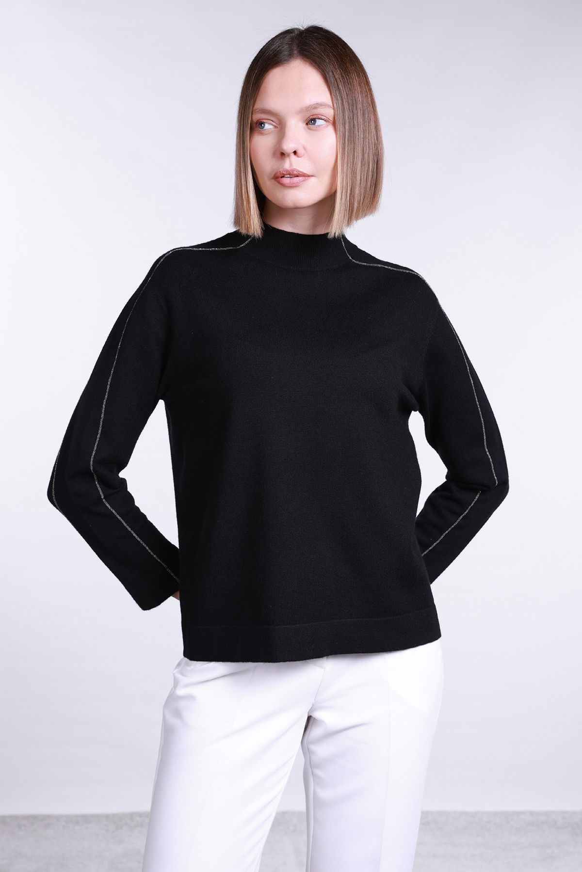 Sempre Kadın Yarım Balıkçı Şerit Taş Detaylı Kazak 2772 Siyah - 1