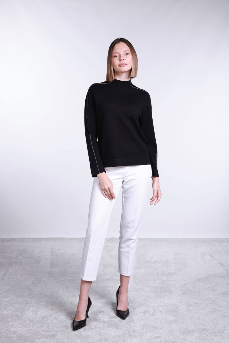 Sempre Kadın Yarım Balıkçı Şerit Taş Detaylı Kazak 2772 Siyah - 2