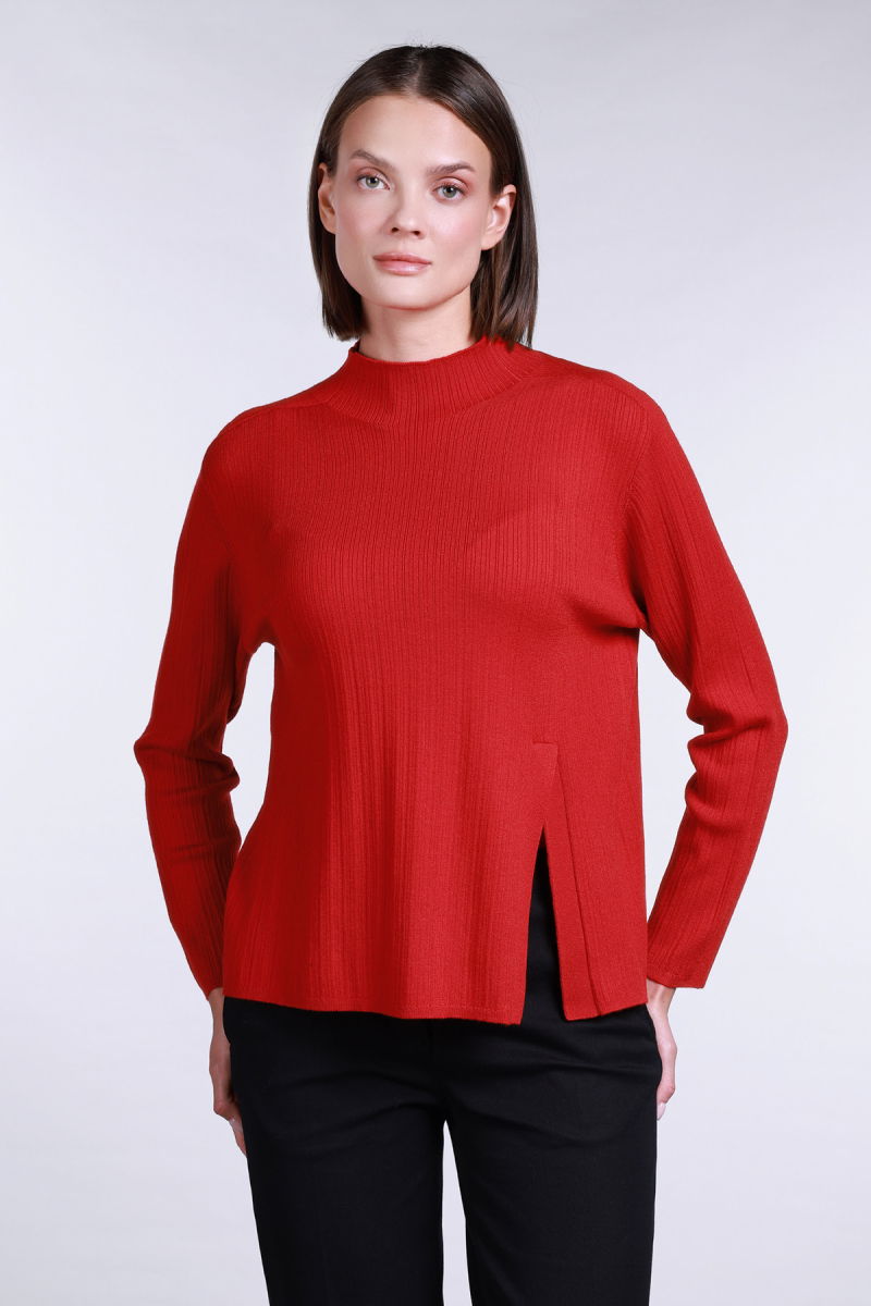 Sempre Kadın Yarım Balıkçı Yırtmaç Detaylı Yün Kazak 2742 Kırmızı - Sempre