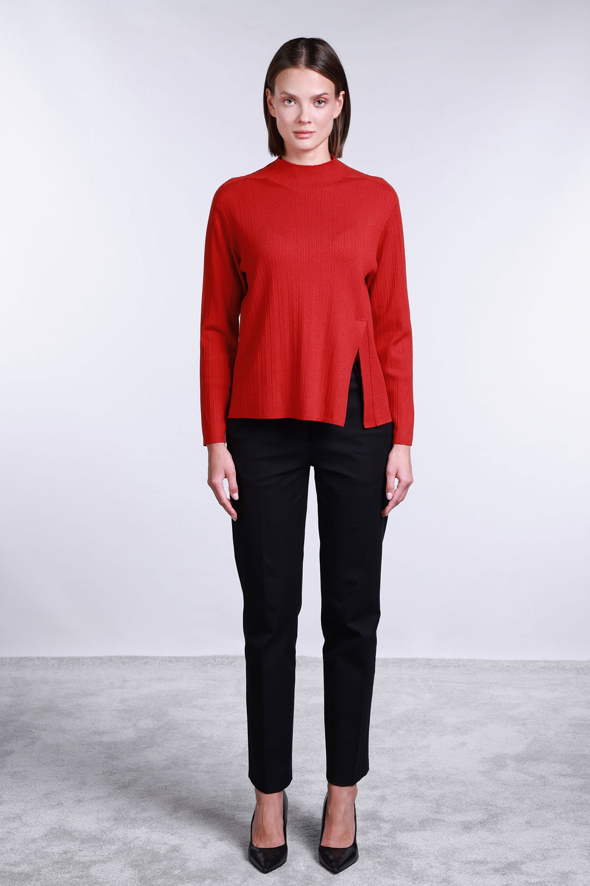 Sempre Kadın Yarım Balıkçı Yırtmaç Detaylı Yün Kazak 2742 Kırmızı - 2