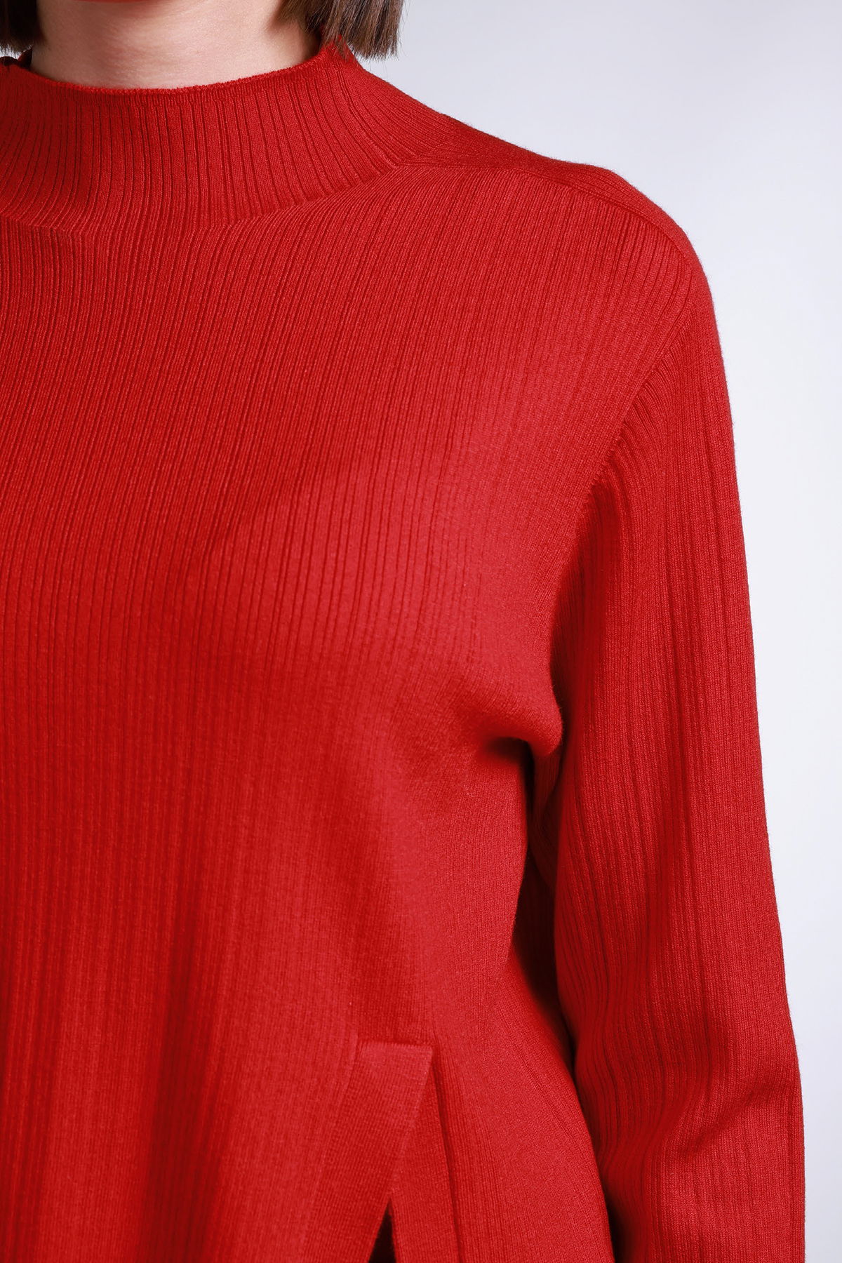 Sempre Kadın Yarım Balıkçı Yırtmaç Detaylı Yün Kazak 2742 Kırmızı - 3