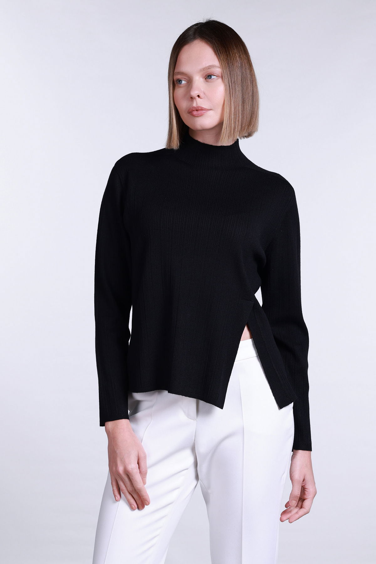 Sempre Kadın Yarım Balıkçı Yırtmaç Detaylı Yün Kazak 2742 Siyah - 1