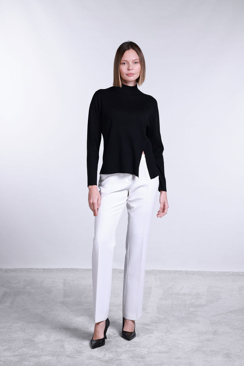 Sempre Kadın Yarım Balıkçı Yırtmaç Detaylı Yün Kazak 2742 Siyah - 2