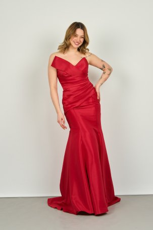 Şeref Vural Kadın Asimetrik Yaka Balık Form Abiye Elbise 8246 Kırmızı 