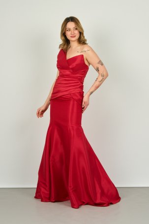 Şeref Vural Kadın Asimetrik Yaka Balık Form Abiye Elbise 8246 Kırmızı - 2